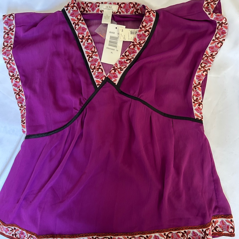 Luxe by NYC Design Co NWT Vibrant Purple Blouse w/Cami and Patterned Trim XL